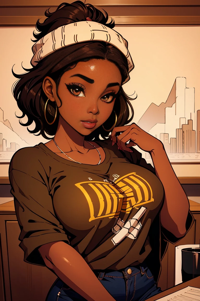 brown skin ebony young woman in an oversized fuzzy fitted shirt, clearly defined brown eyes, illustration, detailed shading and highlights