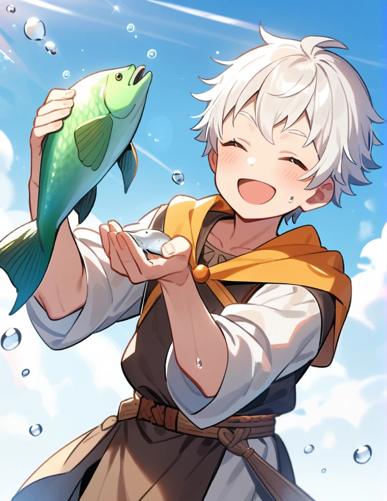 small Greek boy with white hair, wearing wet peasant clothes, giving a big smile with his eyes closed with a fish in his hand that he caught