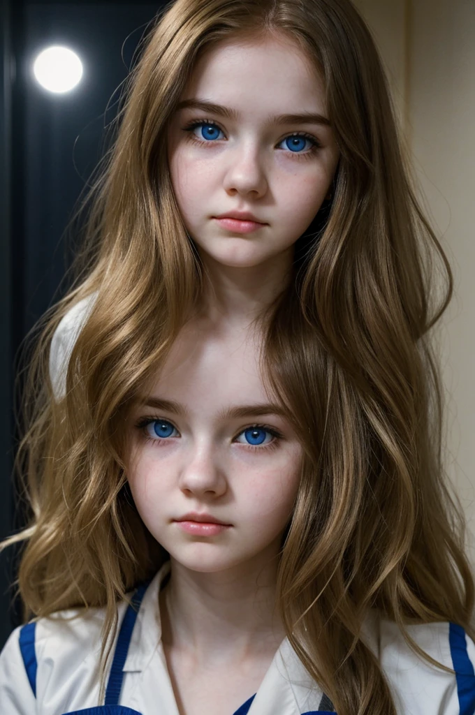 Dark night atmosphere, 19 year old girl, sad face, living doll youngful face, pale white skin, rosy cheeks and lips, big blue eyes, bang, messy wavy hair, very long golden brown hair, mugshots, wearing patient uniform, hospital room at night, clearly background