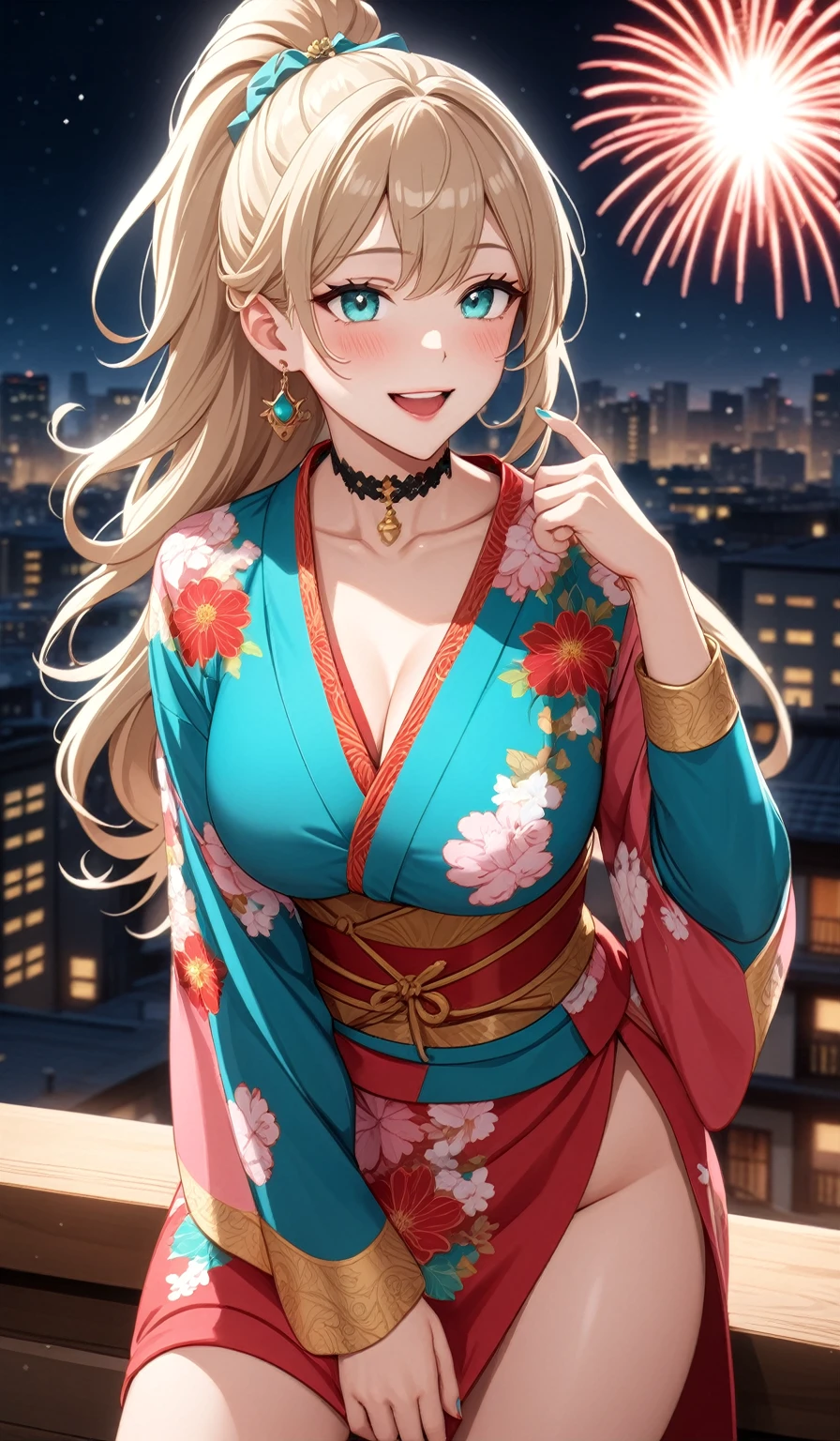 ((One personの女性)), Beautiful Face,(Laughing embarrassedly), (naughty face:1.2), (Wink:1.9), Laughing with your mouth open, upper teeth, ((Bright red cheeks:1.4)),Glossy pink lips, ((crossed legs:1.4)), (panty shot), Touching hair with hands,looking at viewer,Shining Face, rooftop, Festival decorations, firework, ((Anime style background)),masterpiece, Highest quality, so beautiful,up to date, Complex details, (Pink long nails),(ring),(bracelet),(choker),AI-generated, Complex,High resolution, Highest quality, super high quality,3D Images、3D Images,One person,Long blonde hair,ponytail, wavy hair ,Anime woman posing for a photo, ((Fine grain、Turquoise Eyes、Shining Eyes:1.3)), (Squint your eyes:1.1),a hyperRealistic , hyperRealistic , Realistic,Anime woman with long white hair, Smooth anime CG art, A woman in a colorful kimono with gold embroidery, (Pink long sleeve kimono),Red floral pattern,Long flower hair ornament,Earrings,Mature Body,(Big Breasts:1.1),Tall,Abdominal muscles,Tight waist,(Zoom up to face:1.2), (front side),
