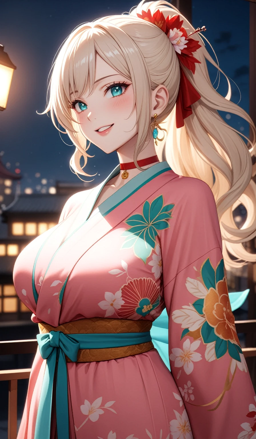 ((One personの女性)), Beautiful Face, (Laughing embarrassedly), (naughty face:1.2), ((Wink:1.9), Laughing with your mouth open,((Bright red cheeks:1.4)),Glossy Red Lips,Night view,rooftop, firework, ((Anime style background)),masterpiece, Highest quality, so beautiful,up to date, Complex details, (Pink long nails),(ring),(bracelet),(choker),AI-generated, Complex,High resolution, Highest quality, super high quality,3D Images、3D Images,One person,Long blonde hair,ponytail, wavy hair ,Anime woman posing for a photo, ((Fine grain、Turquoise Eyes、Shining Eyes:1.3)), (Squint your eyes:1.1),a hyperRealistic , hyperRealistic , Realistic,Anime woman with long white hair, Smooth anime CG art, A woman in a colorful kimono with gold embroidery, (Pink long sleeve kimono),Red floral pattern,Long flower hair ornament,Earrings,Mature Body,(Big Breasts:1.1),Tall,Abdominal muscles,Tight waist,(Zoom up to face:1.3), (front view),