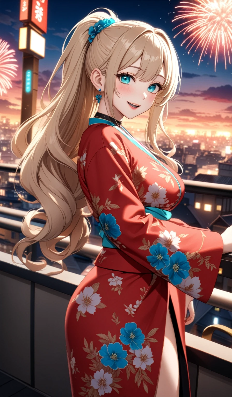 ((One personの女性)), Beautiful Face, (Laughing embarrassedly), (naughty face:1.2), ((Wink:1.9), Laughing with your mouth open,((Bright red cheeks:1.4)),Glossy Red Lips,Night view,rooftop, firework, ((Anime style background)),masterpiece, Highest quality, so beautiful,up to date, Complex details, (Pink long nails),(ring),(bracelet),(choker),AI-generated, Complex,High resolution, Highest quality, super high quality,3D Images、3D Images,One person,Long blonde hair,ponytail, wavy hair ,Anime woman posing for a photo, ((Fine grain、Turquoise Eyes、Shining Eyes:1.3)), (Squint your eyes:1.1),a hyperRealistic , hyperRealistic , Realistic,Anime woman with long white hair, Smooth anime CG art, A woman in a colorful kimono with gold embroidery, (Pink long sleeve kimono),Red floral pattern,Long flower hair ornament,Earrings,Mature Body,(Big Breasts:1.1),Tall,Abdominal muscles,Tight waist,(Zoom up to face:1.3), (front view),