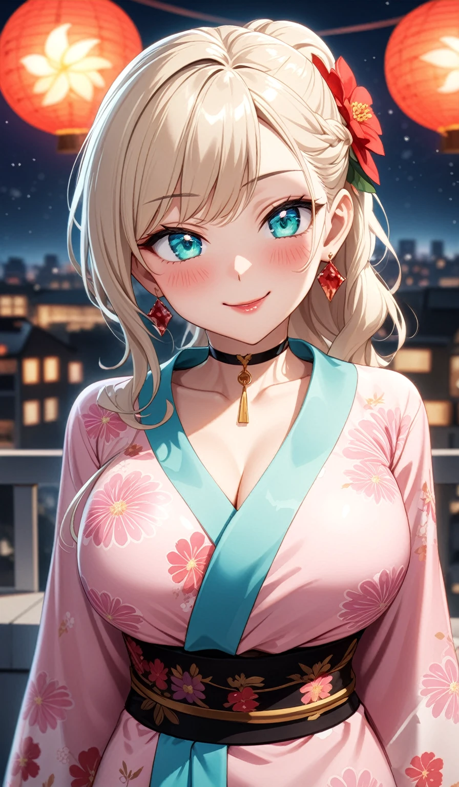 ((One personの女性)), Beautiful Face, (Laughing embarrassedly), (naughty face:1.2), ((Wink:1.9), Laughing with your mouth open,((Bright red cheeks:1.4)),Glossy Red Lips,Night view,rooftop, firework, ((Anime style background)),masterpiece, Highest quality, so beautiful,up to date, Complex details, (Pink long nails),(ring),(bracelet),(choker),AI-generated, Complex,High resolution, Highest quality, super high quality,3D Images、3D Images,One person,Long blonde hair,ponytail, wavy hair ,Anime woman posing for a photo, ((Fine grain、Turquoise Eyes、Shining Eyes:1.3)), (Squint your eyes:1.1),a hyperRealistic , hyperRealistic , Realistic,Anime woman with long white hair, Smooth anime CG art, A woman in a colorful kimono with gold embroidery, (Pink long sleeve kimono),Red floral pattern,Long flower hair ornament,Earrings,Mature Body,(Big Breasts:1.1),Tall,Abdominal muscles,Tight waist,(Zoom up to face:1.3), (front view),