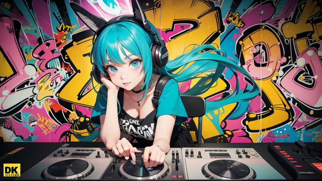 poster art, very close up, graffiti DJ's girl dance on a chair with a DJ's girl in her hand, graffiti art inspired by Tadanori Yokoo, PIKIV, shock art, Bright colorful comic book style, graffiti _ Background ( DJ console, huge music speakers ), amazing manga art style, anime style 4k, graffiti art style, bright cartoon, Bright colorful comic book style, 2D anime style, graffiti style, in graffiti style, high quality, 4k resolution.