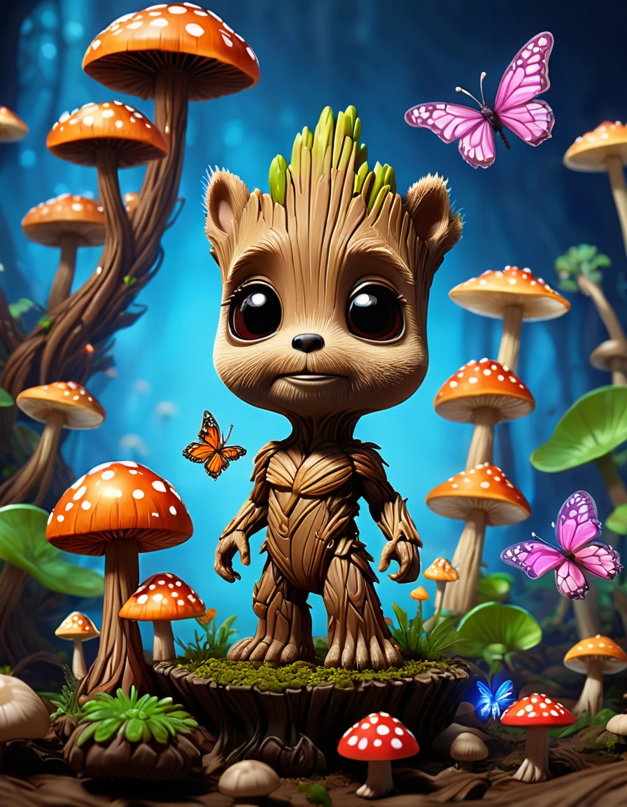 Mini Groot with charming glowing mushrooms and butterflies and pixar rendering