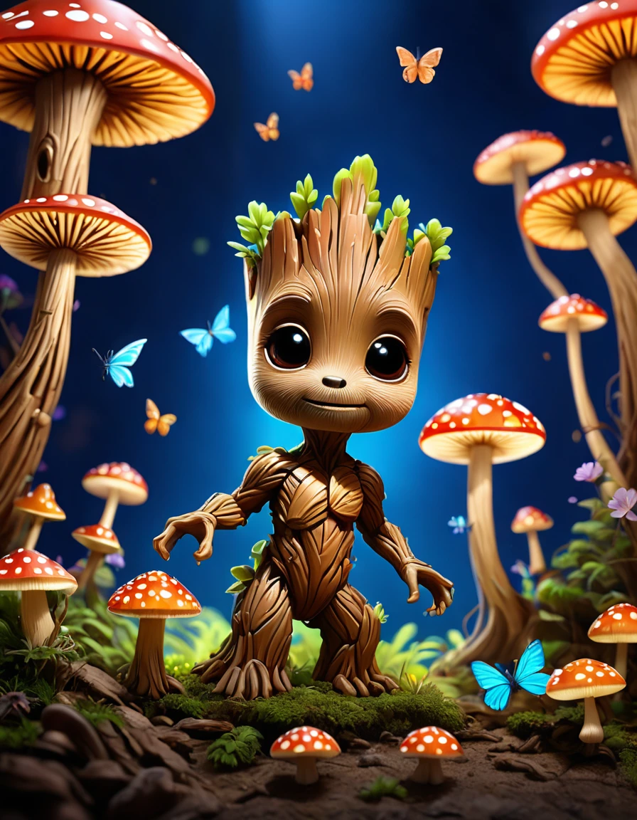 Mini Groot with charming glowing mushrooms and butterflies and pixar rendering