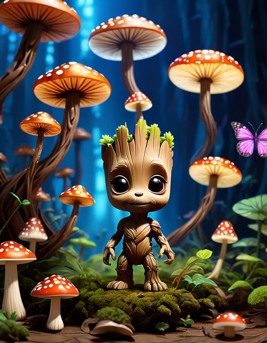 Mini Groot with charming glowing mushrooms and butterflies and pixar rendering