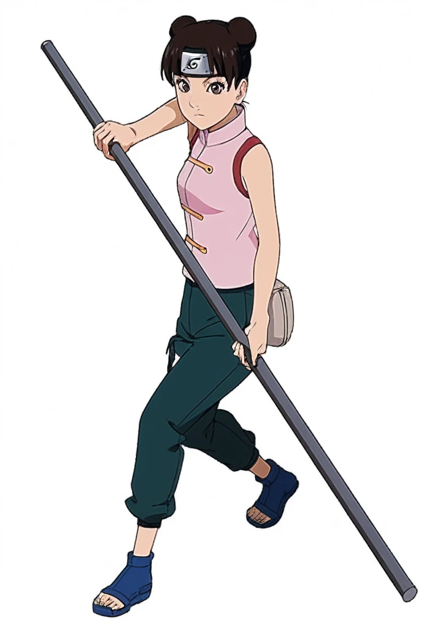 a woman in a pink shirt and green pants holding a pole, Official Art, Hinata hyuga, as an cartoon character, Sakura Haruno, cartoon character, Inspired by Kamisaka Sekka, Inspired by Ito Ogura Yonesuke, chihiro! Fujisaki, winax anime style, distant view of full body and make it look sexy