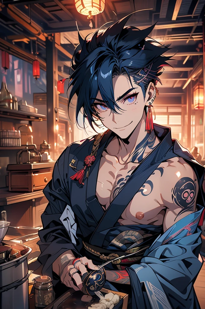 Create a stubborn young teenage boy anime style with open black haori and long hair touching the shoulder tied with samurai cookie with blue tips 