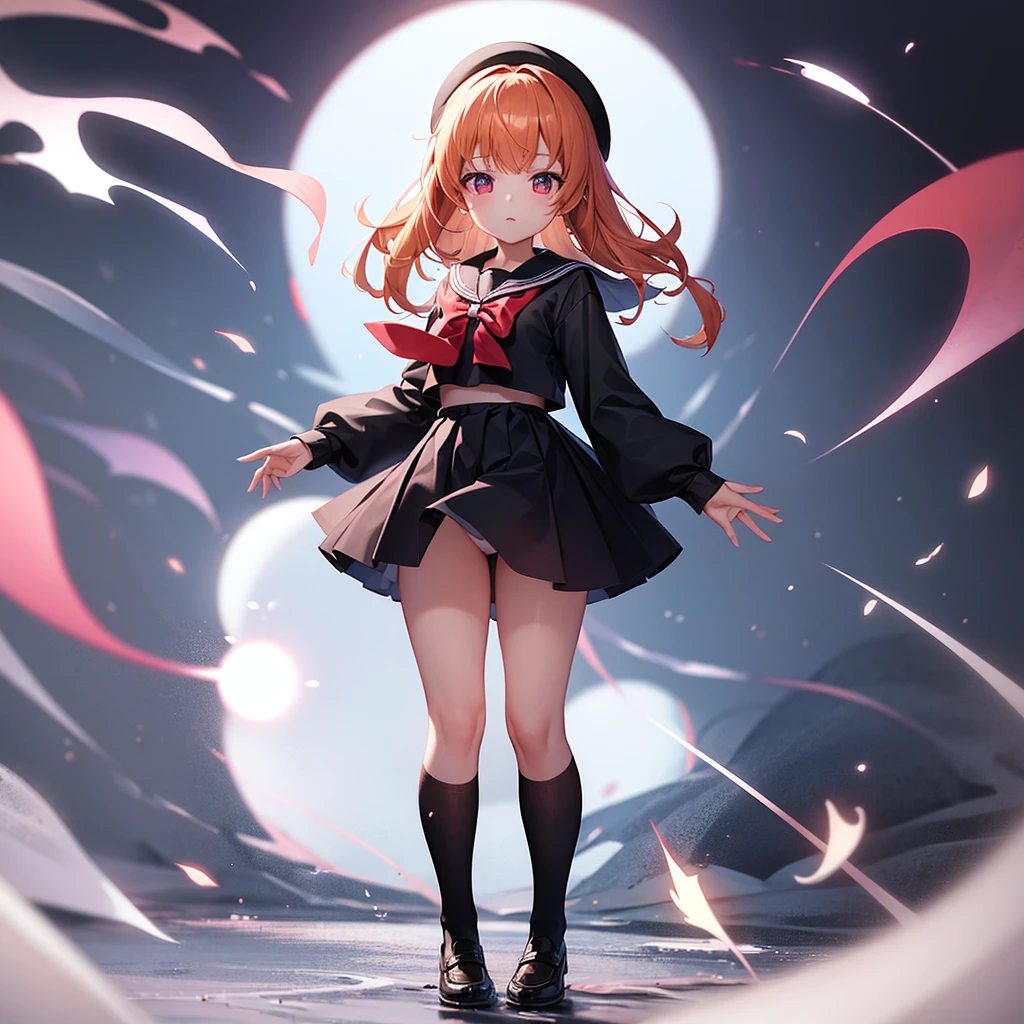 ((Sailor suit)),Big red ribbon,(mini skirt),beret,Cute little loli,Tiny Lori,Small girl,,Childish face, Very fine clean face,Top quality, Big eyes,Straight Hair,Yellow hair,Crimson Eye,(Dark Room), Subtle light, Natural light,Soft lighting,Light from directly behind, (Are standing), Cute pose, Open your hands, Showing the whole body,Front view,Black background
