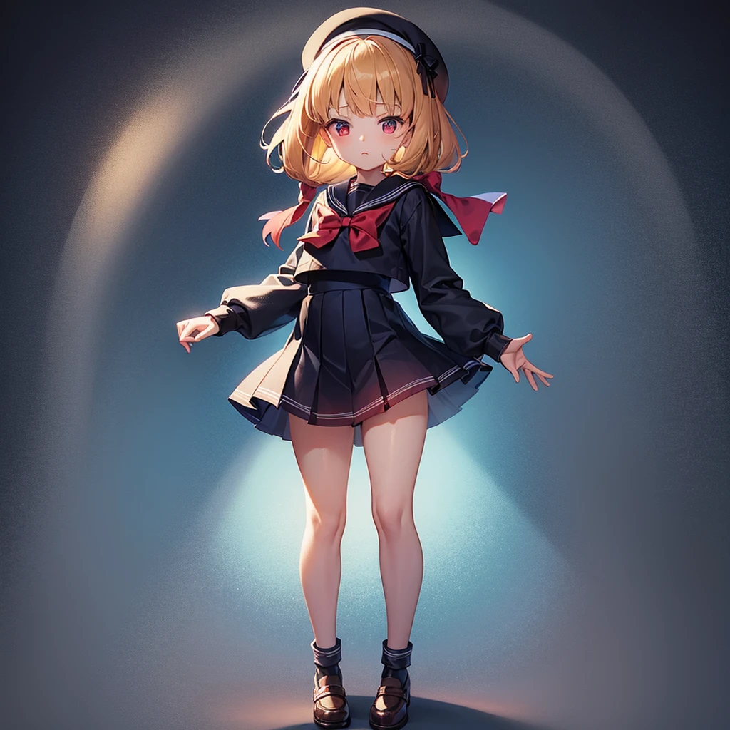 ((Sailor suit)),Big red ribbon,(mini skirt),beret,Cute little loli,Tiny Lori, girl,,Childish face, Very fine clean face,Top quality, Big eyes,Straight Hair,Yellow hair,Crimson Eye,(Dark Room), Subtle light, Natural light,Soft lighting,Light from directly behind, (Are standing), Cute pose, Open your hands, Showing the whole body,Front view,Black background