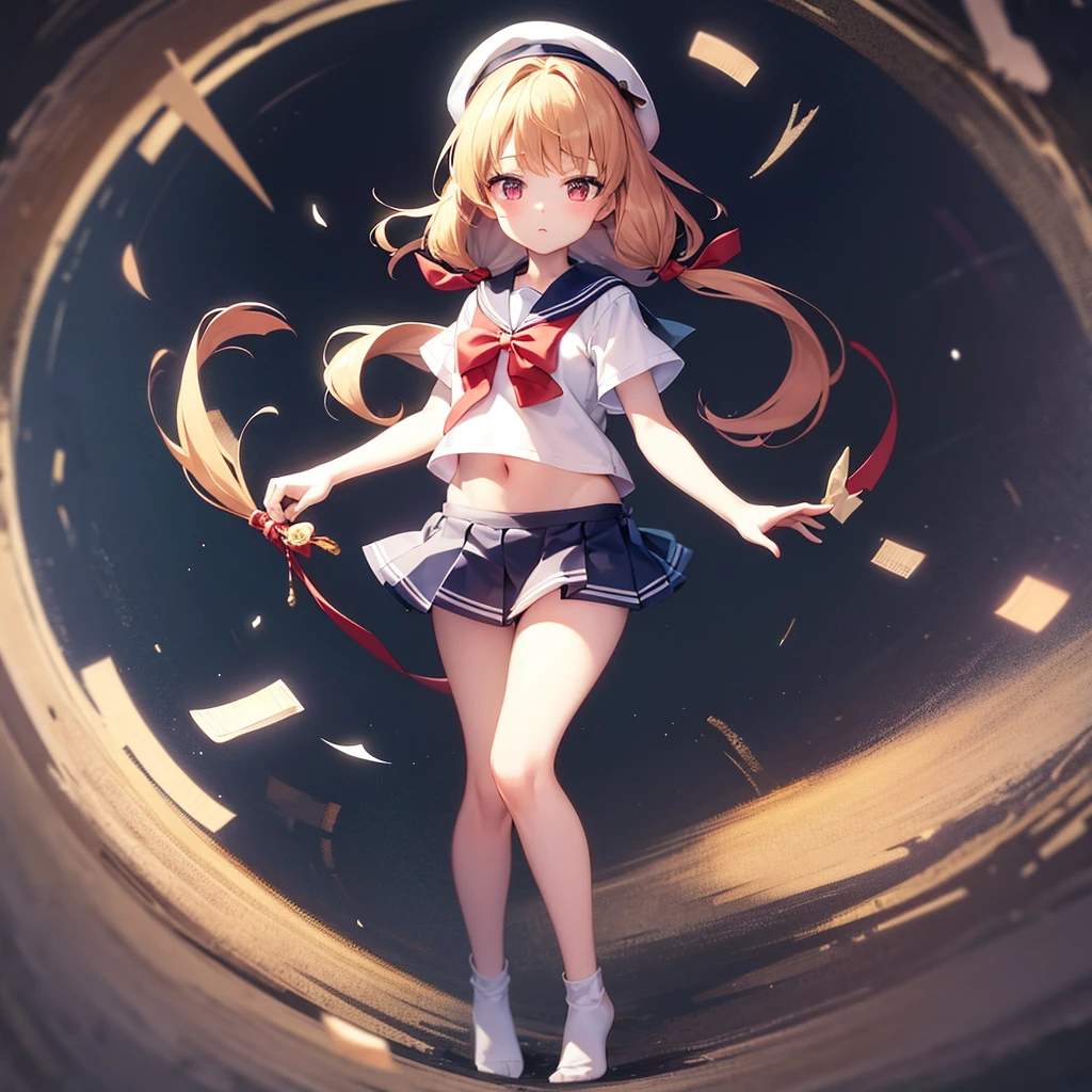 ((Sailor suit)),Big red ribbon,(mini skirt),beret,Cute little loli,Tiny Lori,Small girl,,Childish face, Very fine clean face,Top quality, Big eyes,Straight Hair,Yellow hair,Crimson Eye,(Dark Room), Subtle light, Natural light,Soft lighting,Light from directly behind, (Are standing), Cute pose, Open your hands, Showing the whole body,Front view,Black background