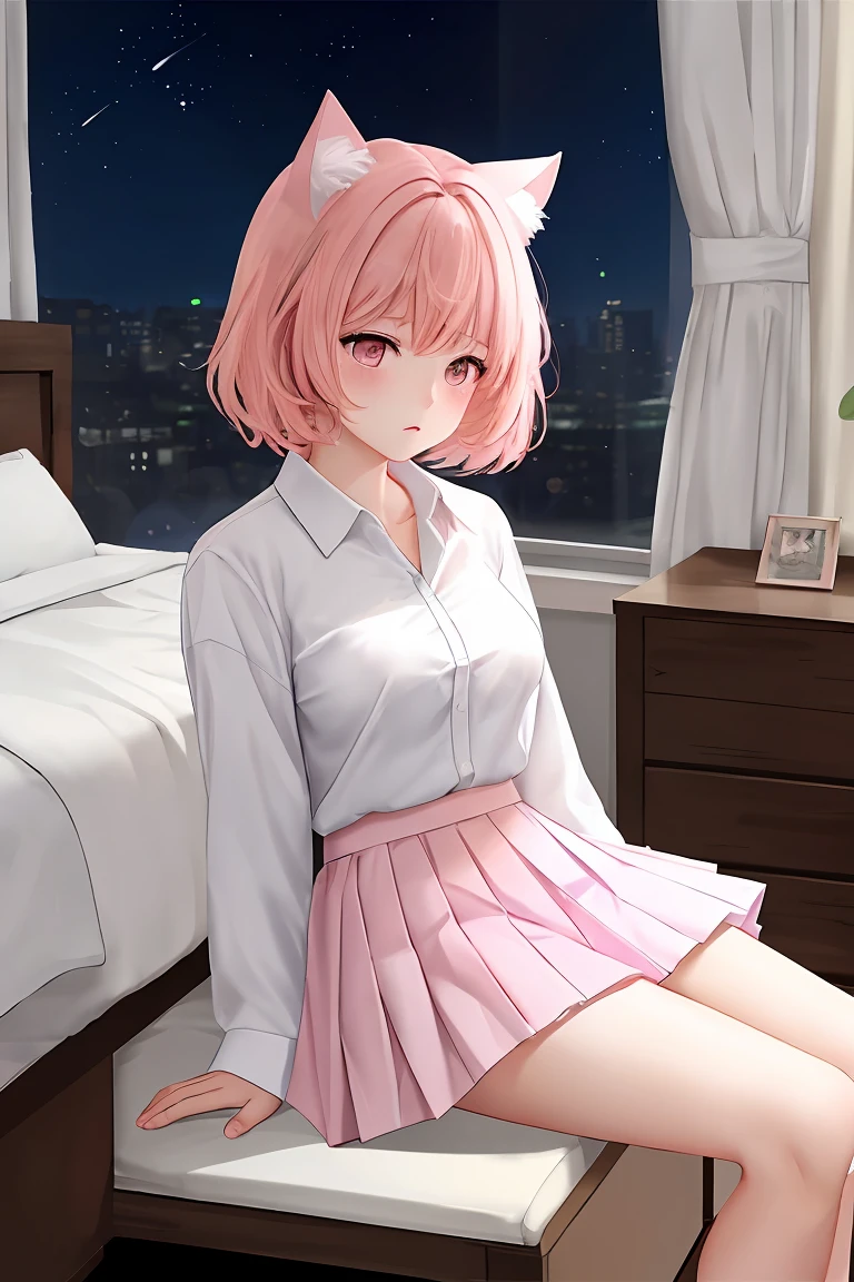 score_9,score_8_up,score_7_up,masterpiece, top quality, best quality, official art, beautiful and aesthetic, animation, , 1girl with cat ear, perfect figure, pink hair, complicated details, bedroom, night, refuse request, (white shirt, pink pleated skirt:1.5), cat-ear girl, serious expression, shake head back ,