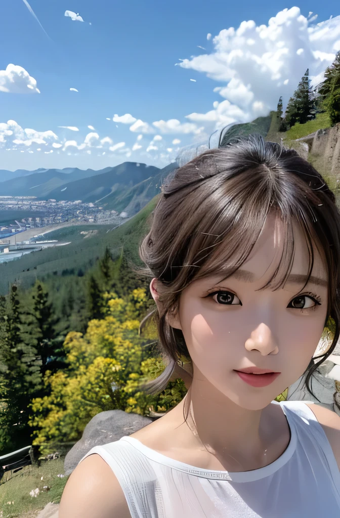 Ultra-high resolution、(masterpiece:1.3), (8K, Best image quality: 1.4)、 (real:1.4)、A beautiful woman、Beautiful details on eyes and skin、Light brown short hair、Gale、Hair blowing in the wind、Close-up of face、Summer shirts、Small bust、White flowers in the meadow々、wood々White flowers、wood々On the other side of the sea、Cloudy blue sky、Cliff rock wall、the Rocky Mountains、Strong afternoon sun、