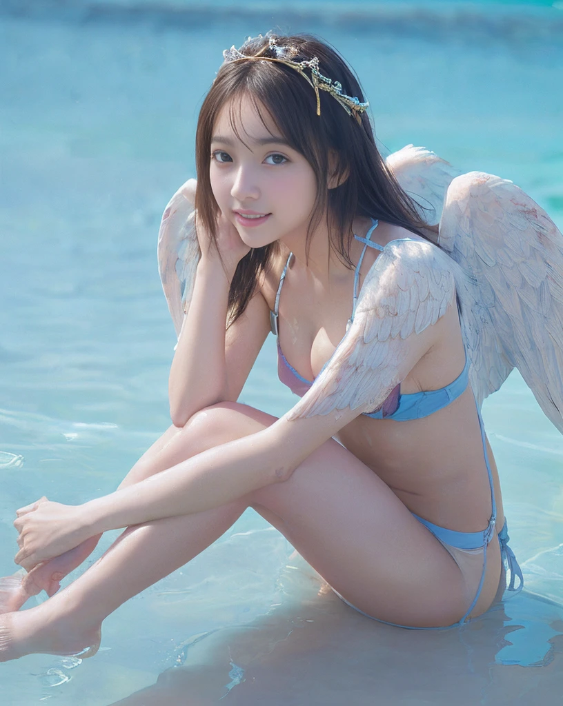 (NFSW)、(High resolution:1.5)、Highest quality,Very detailed,masterpiece,Super detailed,alone,(Front view of a ),,Super beautiful girl、((Angel wings on the back: 1.5))、(Angel crown on head)、Seraphim, ((白いmicro-bikini-panties:1.5)),  smile, (((barefoot)))、(The breasts are very large)、((Marine blue, crystal clear sea))、Summer sun、はしゃいだsmile、Beautiful Eyes、((Sitting with legs apart in the sparkling marine blue water:1.5))、(((Pose to emphasize large breasts 1.5)))、((Big breasted 12 year old lolita idol))、((Boobsを強調するポーズ))、((Big Boobs)).A beautiful girl with an innocent face、Sitting with her body facing me、(straight-on:1.5) 、(((With both knees up、Open legs to show panties: 1.5)))、(reflected in water) 、(((front view:1.5)))、((Sitting with legs crossed))、Girl with very big boobs、pull-out-lift-panties、panties off、Very cute girl