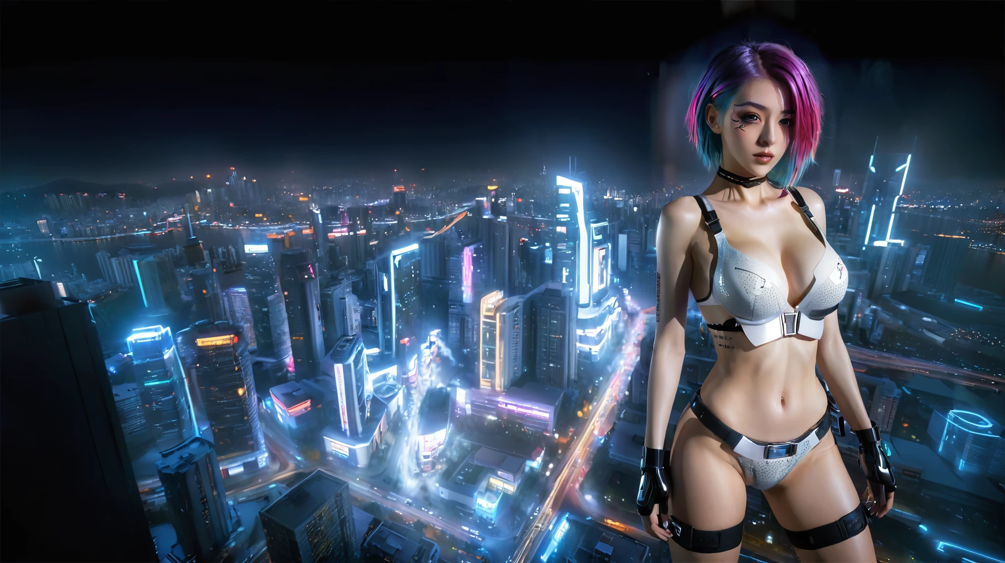 (Realistic:1.4) cyberpunk girl images, (highest quality, 8k, 32k, masterpiece) , (Dynamic pose), ((Front camera)), Cowboy Shot, Shapeless hair, Multicolored Hair, Depth of written interface f/1.8, high angle view of Cyberpunk city (((((at night))))) as background. (((1girl, solo))), photo realistic, (large-breast slim body, cleavage), (((full bra top, extreamly short pleated (((miniskirt))) exposing panty))), (((((((aiming at viewer with a (pistol), (looking at camera)))))))), (((((half-body (thigh level) medium shot))))), (cinematic lighting).