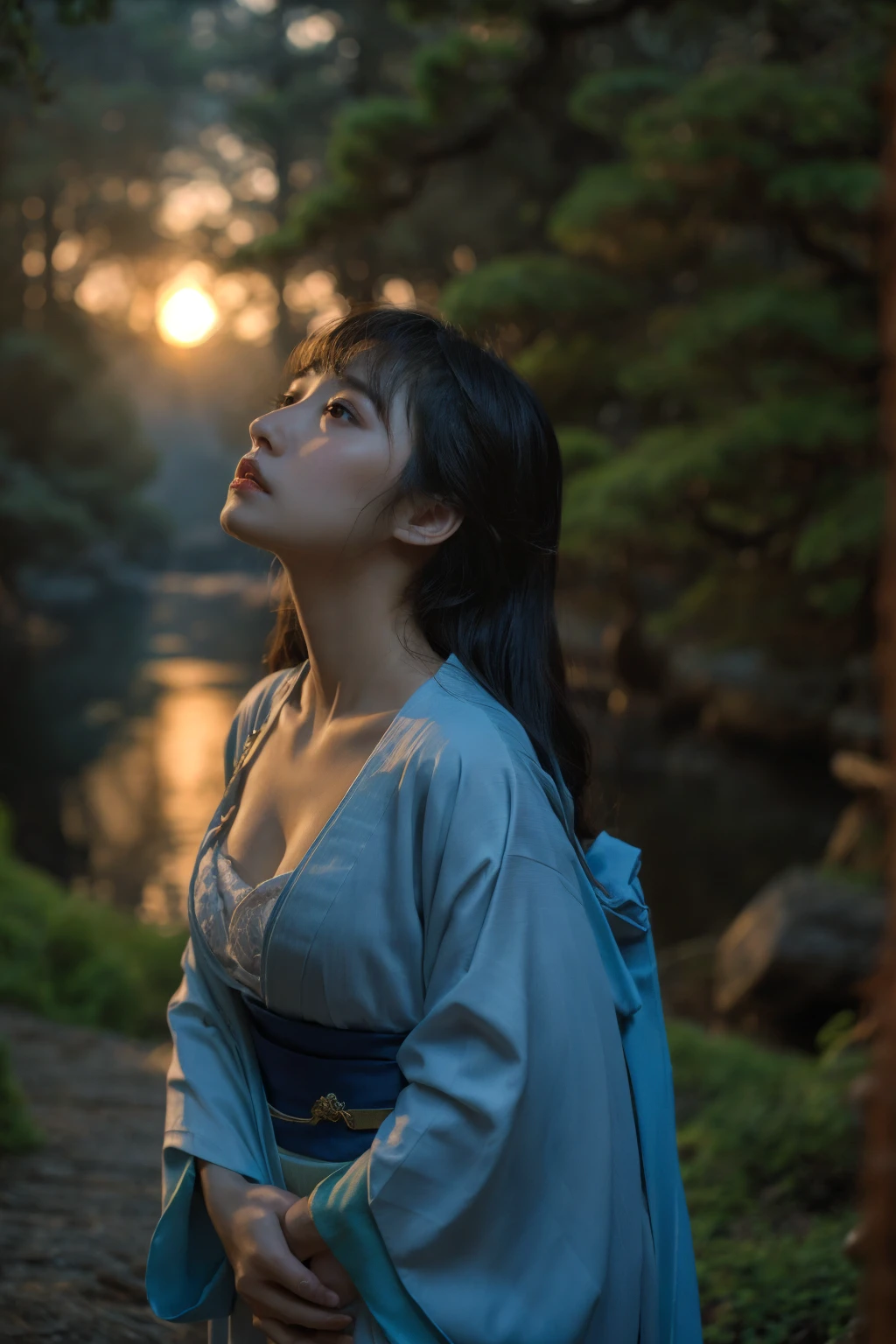 Beautiful woman、Japanese tradition、Very large breasts、kimono、Spectacular views、Suspicious atmosphere、Cinematic atmosphere、(best quality,4K,8K,highres,masterpiece:1.2),ultra-detailed,(realistic,photorealistic,photo-realistic:1.37)、Dim lighting、whole body、forest、forest、looking at the camera、Sad expression、Apparition、low angle、grow、fog