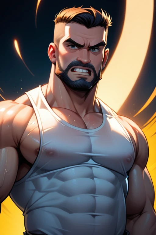 45 year old man(cobalt eyes; middle-aged; salt-and-pepper crew cut; epic square jawline; rough; rugged; muscular and imposing; incredible beard; masculine; round-faced, Kurt Russell), Disney-style cgi, futuristic; dystopian; best quality; high detail; trending on artstation; complex volumetric lighting; grungy white tank top; 80s action hero; sweaty; grimy; upper body shot; cop who plays by his own rules; holding up a gun in a neon-lit bar; gruff; angry