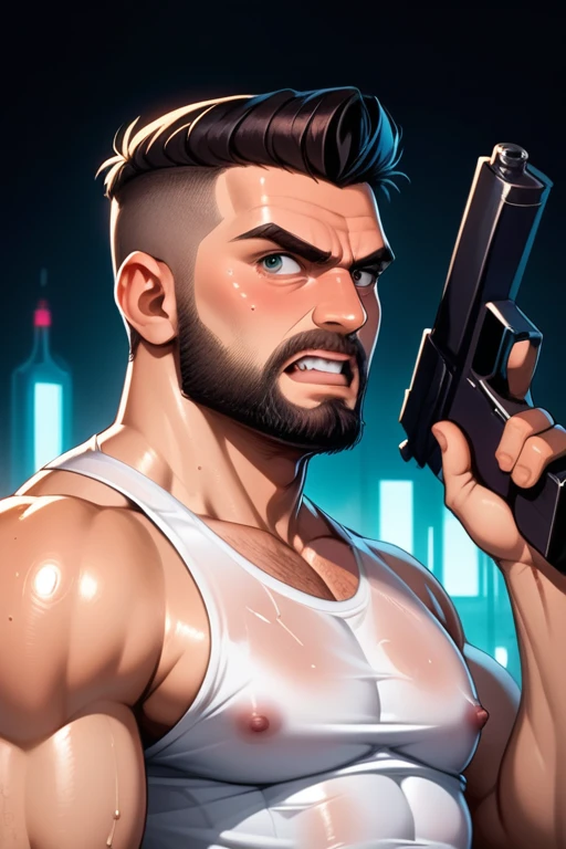 45 year old man(cobalt eyes; middle-aged; salt-and-pepper crew cut; epic square jawline; rough; rugged; muscular and imposing; incredible beard; masculine; round-faced, Kurt Russell), Disney-style cgi, futuristic; dystopian; best quality; high detail; trending on artstation; complex volumetric lighting; grungy white tank top; 80s action hero; sweaty; grimy; upper body shot; cop who plays by his own rules; holding up a gun in a neon-lit bar; gruff; angry