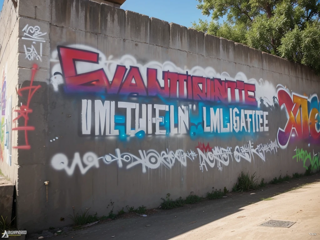 realistic photo of a long wall full of graffiti with the words "UNLIMITED IMAGINATION" at the top, make sure the writing is correct and legible