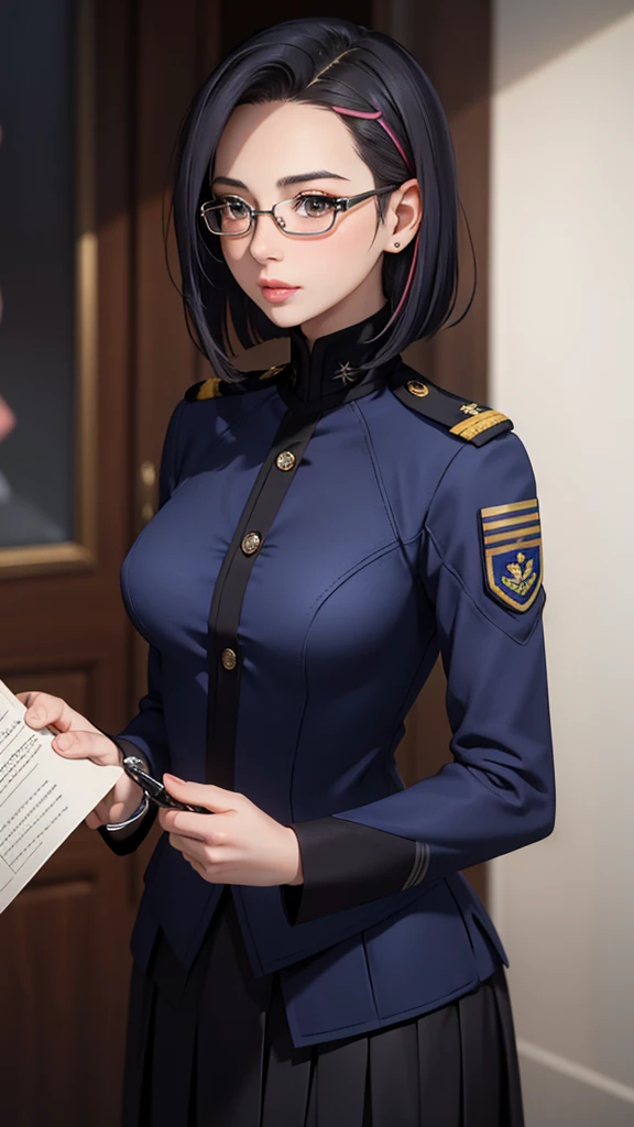 Beautiful young girl with blue short hair, A light smile, Brown eyes, hair clips, lips, Stud earrings, Semi-rimless eyewear, , Big butt but small breasts, (Highest quality,4K,8K,High resolution,masterpiece:1.2),Very detailed,(Realistic,photoRealistic,photo-Realistic:1.37),Very detailed顔, Very detailed目と顔, Long eyelashes, Beautiful attention to detail, beautiful detailed lips, Concept Art, Cinema Lighting, Vibrant colors, a beautiful girl in military uniform,short wavy hair,glasses,busty,detailed face,beautiful eyes,beautiful lips,highly detailed,photorealistic,8K,masterpiece,studio lighting,dynamic pose,intricate details,dramatic lighting,cinematic atmosphere,vibrant colors,elegant,powerful,confident((Women's military uniform、Formal wear、skirt))