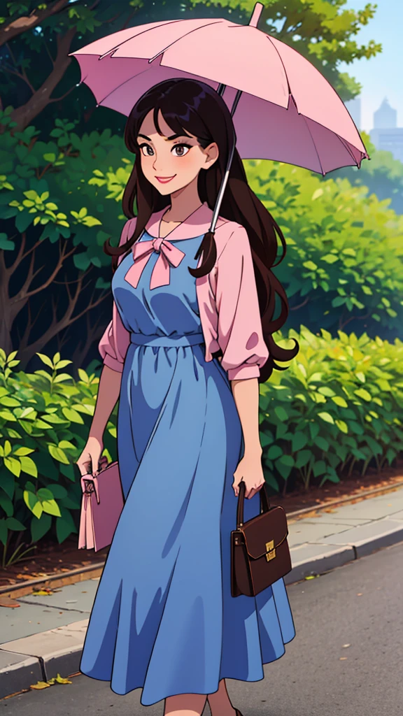 Woman. dark hair. long hair, eyes browns, social dress, walking in a park. smirk on face, a bag with magazines, libero, light pink lipstick, happy looking, blue dress blouse, brown long skirt, umbrella in hand.