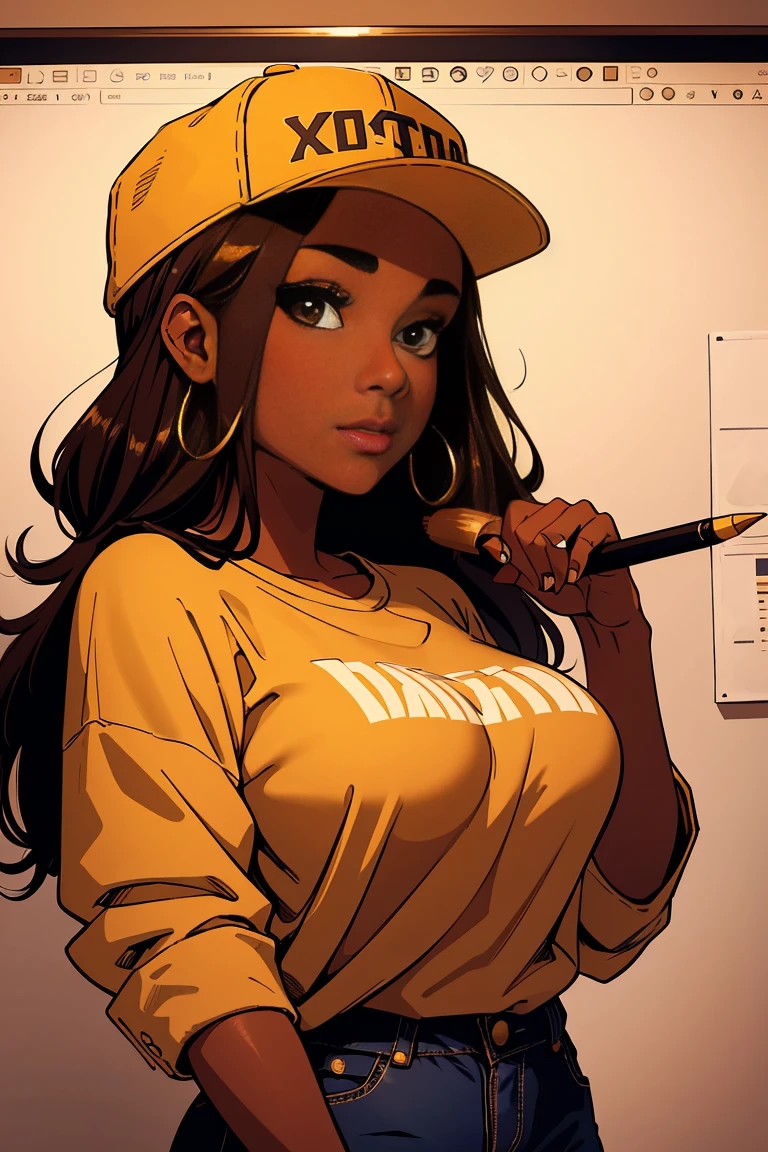 brown skin young woman in an oversized fuzzy fitted shirt, clearly defined brown eyes, illustration, detailed shading and highlights