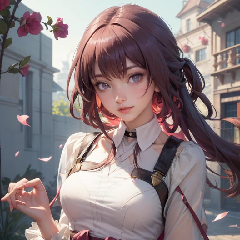 Kafka_(honkai: star rail), medium hair, flowing hair, floating hair, ornament hair, perfectly body, perfectly hands, dark pink rose on hair, maid, maid dress, maid headdress, maid apron, white apron, white apron, white headdress, on street, petals in the air, blossom peach tree, centered girl, Chinese style, white maid dress, white dress, more details on her clothes, dark pink dress with transparency, golden details, daylight, smiling, ((4k, masterpiece, top-quality)),8k, best quality, high resolution, HD, (illustration:0.8), super cute girl, delicate and beautiful face, 1girl, solo, mature girl, super cute hairstyle, (beautiful detailed eyes:1.6), extremely detailed face, perfect lighting, extremely detailed CG, (perfect hands, perfect anatomy), Best quality, cleavage, small skirt, full Body,