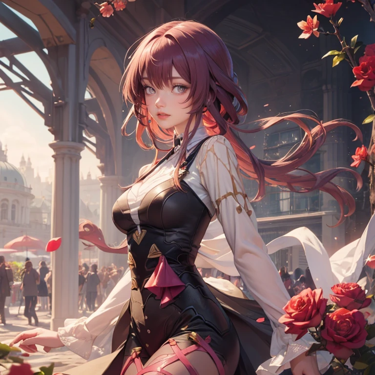 Kafka_(honkai: star rail), medium hair, flowing hair, floating hair, ornament hair, perfectly body, perfectly hands, dark pink rose on hair, maid, maid dress, maid headdress, maid apron, white apron, white apron, white headdress, on street, petals in the air, blossom peach tree, centered girl, Chinese style, white maid dress, white dress, more details on her clothes, dark pink dress with transparency, golden details, daylight, smiling, ((4k, masterpiece, top-quality)),8k, best quality, high resolution, HD, (illustration:0.8), super cute girl, delicate and beautiful face, 1girl, solo, mature girl, super cute hairstyle, (beautiful detailed eyes:1.6), extremely detailed face, perfect lighting, extremely detailed CG, (perfect hands, perfect anatomy), Best quality, cleavage, small skirt, full Body,