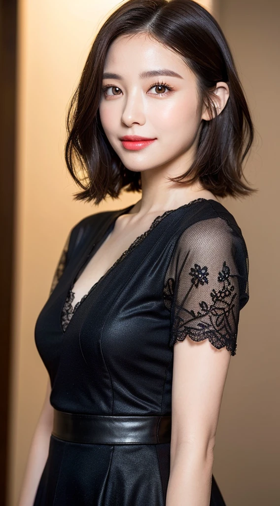 An arafe Asian woman in a black dress posing for a photo, gorgeous chinese model, gorgeous young korean woman, beautiful south korean woman, beautiful asian girl, cleavage, beautiful asian woman, beautiful young korean woman, Yoshitomo Nara, elegant japanese woman, korean woman, korean girl, black bra, japanese model, asian girl、highest quality, masterpiece, ultra high resolution, (realistic:1.4), Raw photo, 1 girl, 45 years old, most popular japanese actress, cute smile, (((Very Japanese-like beautiful face&#39;most famous actress))), (((very beautiful big black eyes))), (((very beautiful black hair short cut))), very beautiful skin, very beautiful long eyelashes, very beautiful lips, very beautiful rich valley, very beautiful body, very beautiful thighs