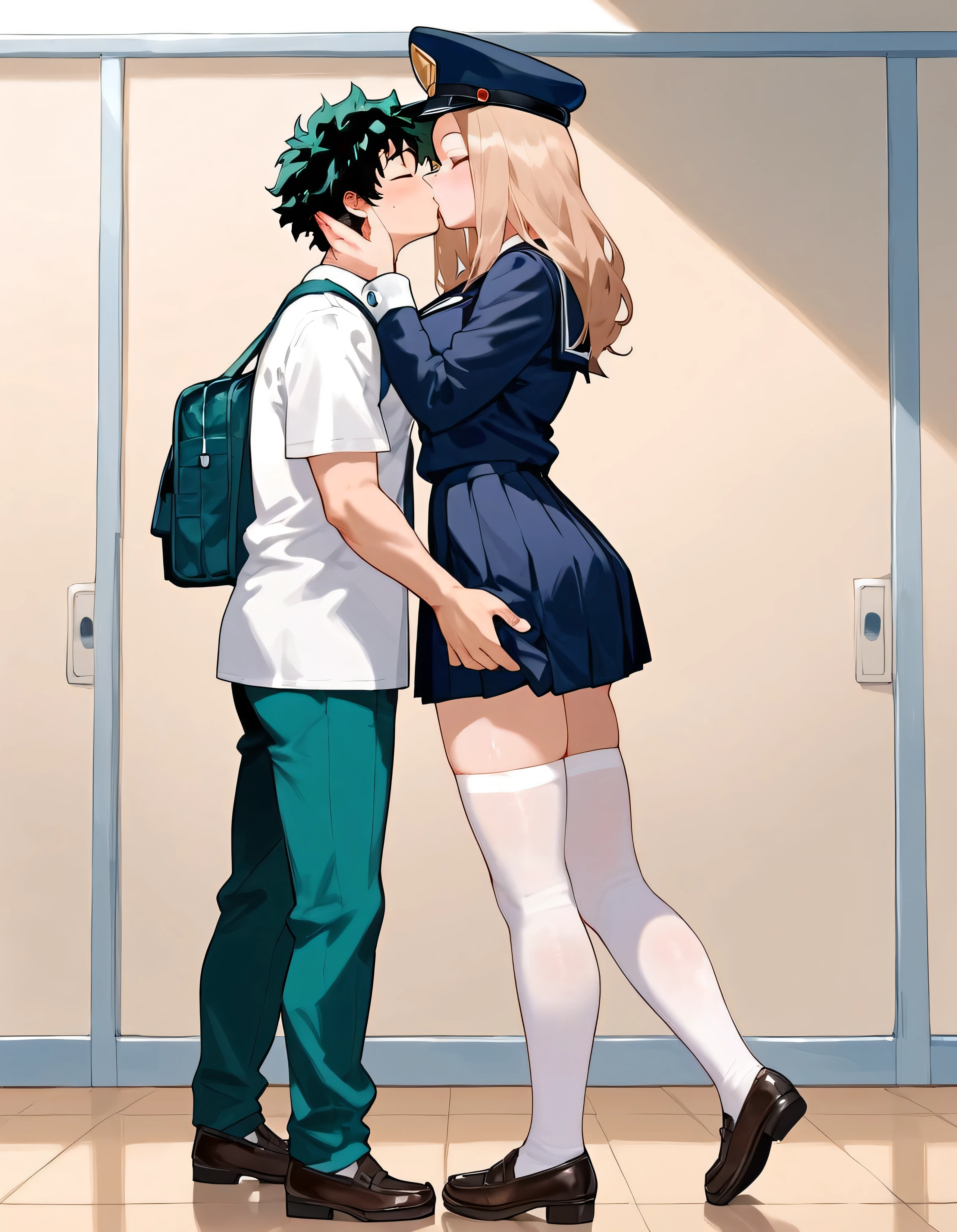 anime artwork, score_9, score_8_up, score_7_up, score_6_up, score_5_up, score_4_up, r,Camie Utsushimi, light brown hair, dark brown eyes,, breasts, , big breasts, at school, (school uniform:1.2), standing, cap, she is 24 years old, rating explitic, wet whirt, ,horny, , , white stockings, shoes,, , style_3, text on board, 1boy, Izuku Midoriya, he grabbing her ass, kissing
