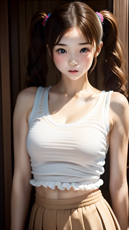 Adorable, ,,   Japanese Girls , Frill tank top、Pleated skirt,  Curly Hair,  Hair Scrunchie, Twin tails, High probability of bursting、(Highest quality:1.0), (Ultra-high resolution:1.0) ,(Photorealistic:1.2), (Very detailed:1.0), (8k RAW photos:1.1),   expression、Inviting eyes、