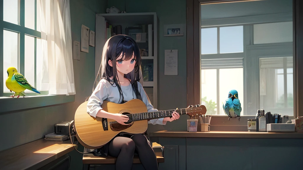 In a very dark room、In a place where the light shines fantastically from behind、A girl around 15 years old is playing the guitar and looking out the window.。In the background is a large window and a budgerigar。