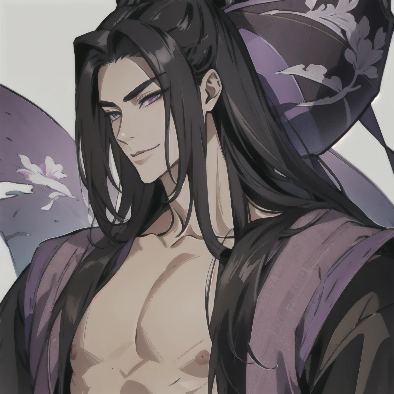 (masterpiece, best quality:1.2), 1male, solo, jiang cheng, mo dao zu shi, mdzs, purple and black clothes, purple eyes, long black hair, perfect anatomy, happy, smile