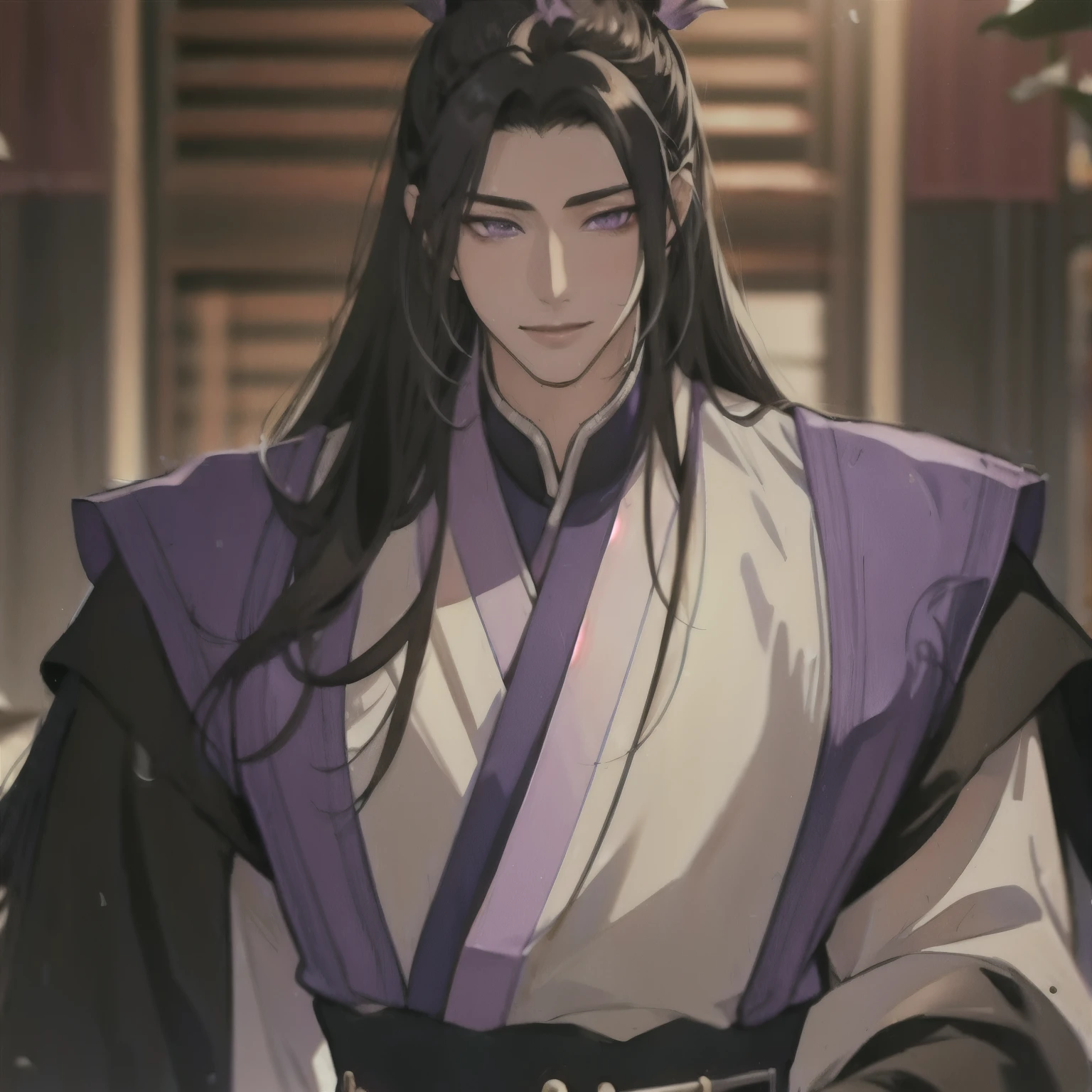 (masterpiece, best quality:1.2), 1male, solo, jiang cheng, mo dao zu shi, mdzs, purple and black clothes, purple eyes, long black hair, perfect anatomy, happy, smile