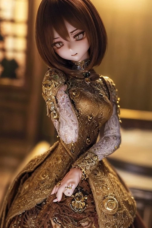 photorealistic, realistic photo, (sfw:2), ((highest quality)), ((masterpiece)), (extremely detailed), kukolnydom, doll, (mature woman:1.6), cowboy shot, solo, (skinny, slender, dress), green eyes, almond eyes, light smile, (dynamic pose, looking away, blank eyes, empty eyes, detailed eyes, brown hair, medium hair:1.3), museum, 8k