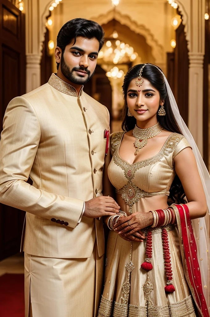 A good looking couple in India wedding attire in each other's arms and the man should be extremely good looking without beard and the women should be very pretty