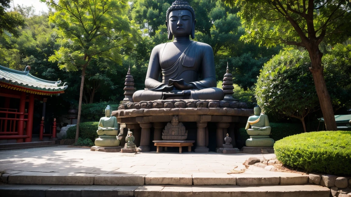 A huge stone Buddha statue with hands folded,There are steps leading to it。 Devout people。Zen temples