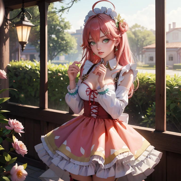 1girl, long hair, pink hair, long flowing hair, floating hair, ornament hair, perfectly body, perfectly hands, rose on hair, Looking at the audience, flowing hair, Beautiful Eyes, Plump and glossy lips, maid, maid dress, maid headdress, white headdress, maid apron, white apron, dress with too many frills, pink dress, pink laces, white Short skirt, skirt with layers, small skirt, skirt with layers, Drape clothes, orange gem, Lace trim, classical garden, luxury gold details, gold jewelry, more details, best quality, Big sparkling eyes, blushing, Striped Lace Stockings, pink Lolita skirt, sparkle, solo, centered girl, cowboy shot, perfectly body, perfectly hands, two arms, two legs, two hands, five fingers, perfect anatomy, glowing hair, pink roses, on the garden, sparkles, more details on her clothes, dress with transparency, golden details on her dress, night, lanterns, ((4k, masterpiece, top-quality)), 8k, best quality, high resolution, UHD, (illustration:0.8), super cute girl, delicate and beautiful face, mature girl, super cute hairstyle, (beautiful detailed eyes:1.6), extremely detailed face, perfect lighting, extremely detailed CG, (perfect hands, perfect anatomy), Best quality, cleavage