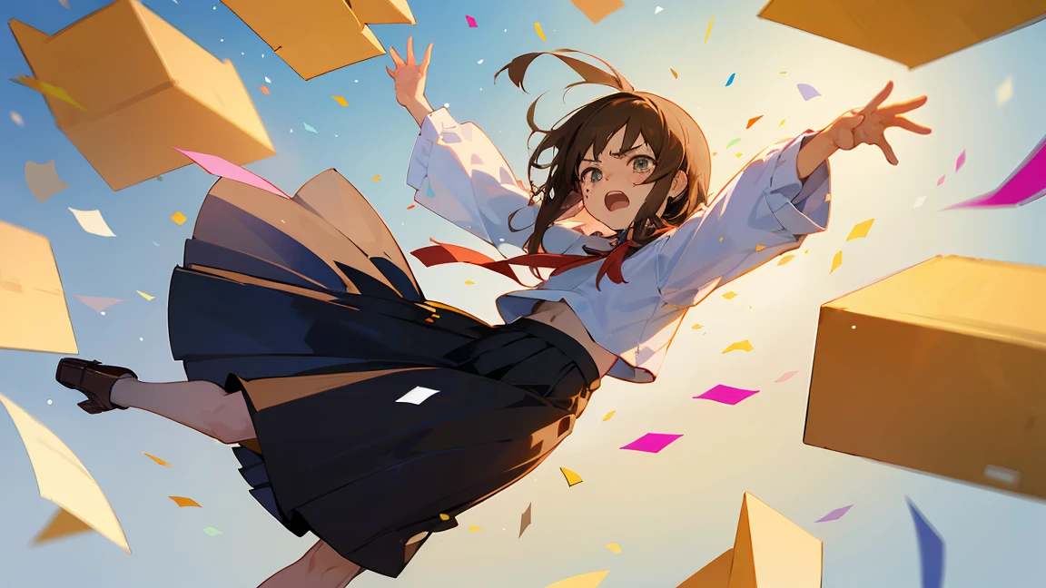 ((Highest quality)), ((masterpiece)), ((Very detailed)),Floatingする女の子,Angry expression,floating,Floating,Confetti,Brown Hair,tears,Levitating,Blue sky background,Feet in the air,tears,gravity,Long skirt,loafers,Raise both hands