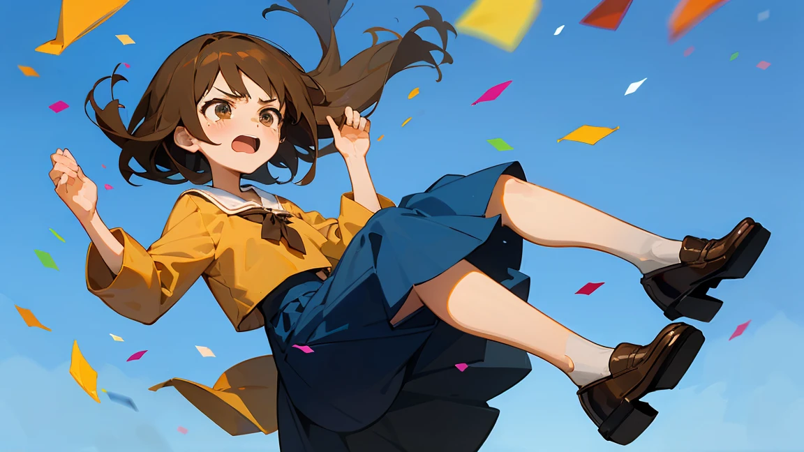 ((Highest quality)), ((masterpiece)), ((Very detailed)),Floatingする女の子,Angry expression,floating,Floating,Confetti,Brown Hair,tears,Levitating,Blue sky background,Feet in the air,tears,gravity,Long skirt,loafers,Raise both hands
