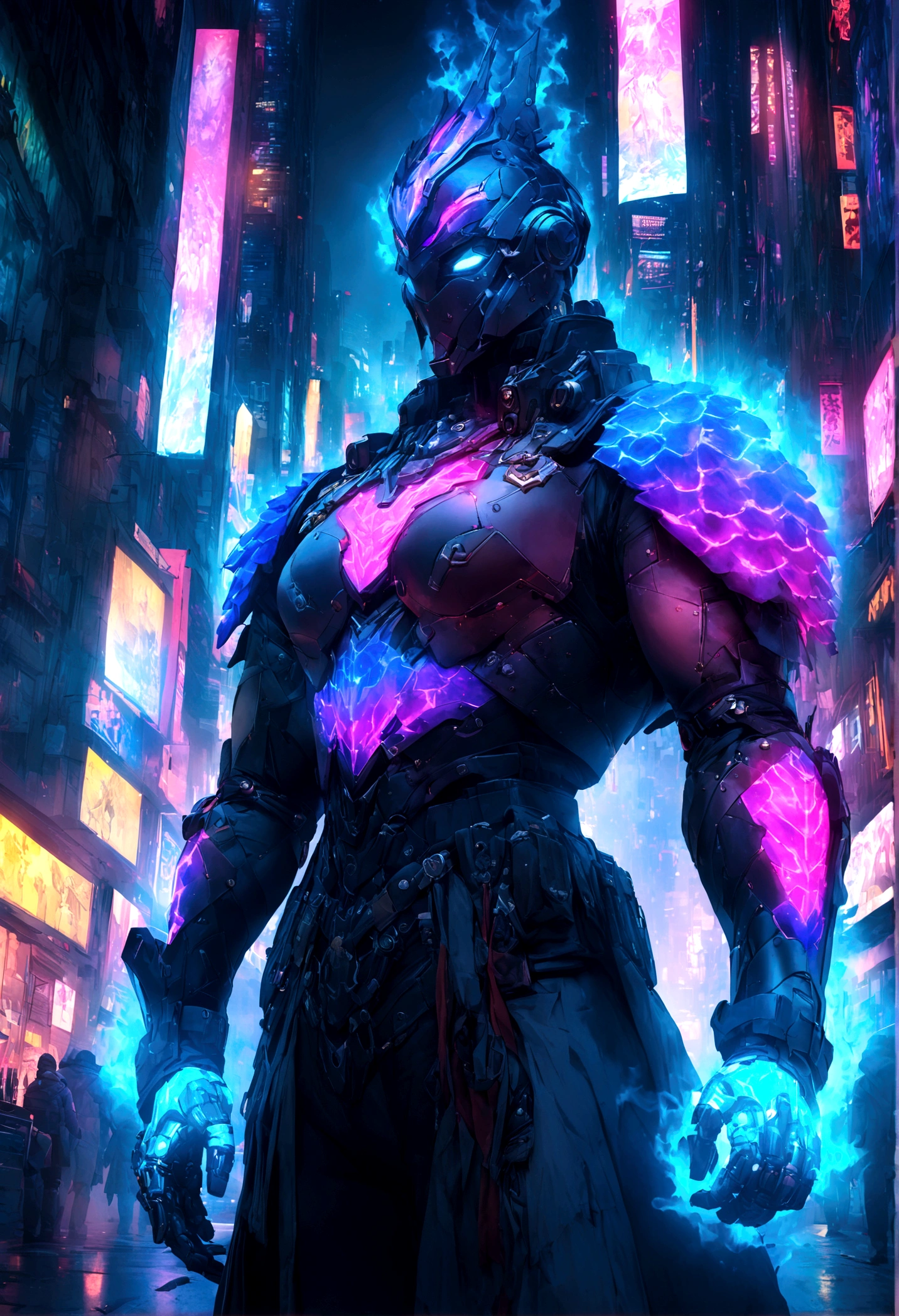 (Highly detailed 8k wallpaper), Cyberpunk's terrifying Grimm disguised as cybernetic templars、A well-drawn medium shot of a shadow wearing Marvel's colorful mist armor., Cyberpunk Theme, Complex, High detail, dramatic, Neon city lights in the background、super high quality、Ultra HD、4k、8k、aura、dust、Full CG
