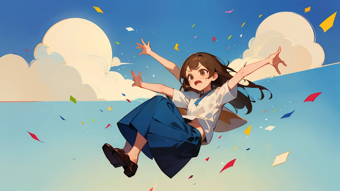 ((Highest quality)), ((masterpiece)), ((Very detailed)),Floatingする***,Angry expression，floating，Floating，Confetti，Brown Hair,tears,Levitating,Blue sky background,Feet in the air,tears,gravity,Long skirt,loafers,Raise both hands