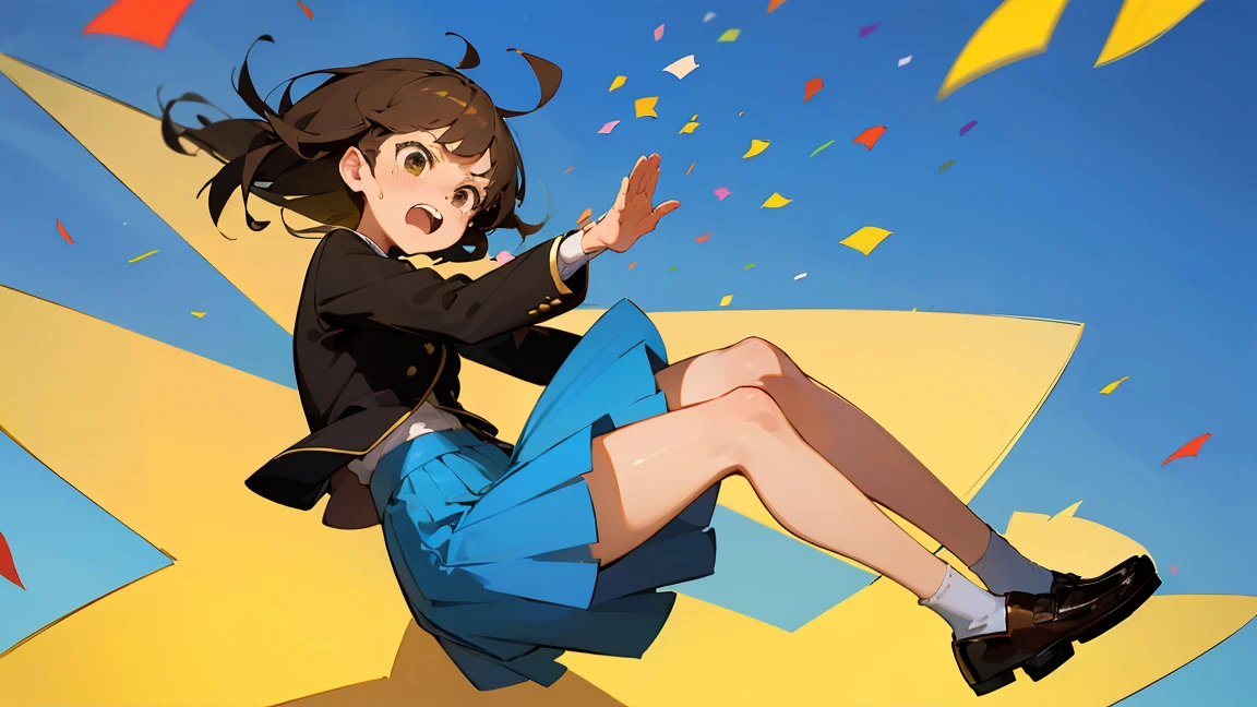 ((Highest quality)), ((masterpiece)), ((Very detailed)),Floatingする女の子,Angry expression，floating，Floating，Confetti，Brown Hair,tears,Levitating,Blue sky background,Feet in the air,tears,gravity,Long skirt,loafers,Raise both hands