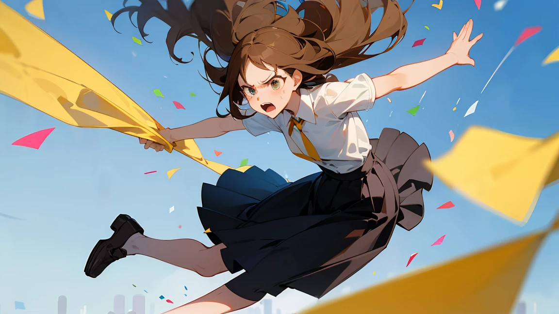 ((Highest quality)), ((masterpiece)), ((Very detailed)),Floatingする女の子,Angry expression,floating,Floating,Confetti,Brown Hair,tears,Levitating,Blue sky background,Feet in the air,tears,gravity,Long skirt,loafers,Raise both hands