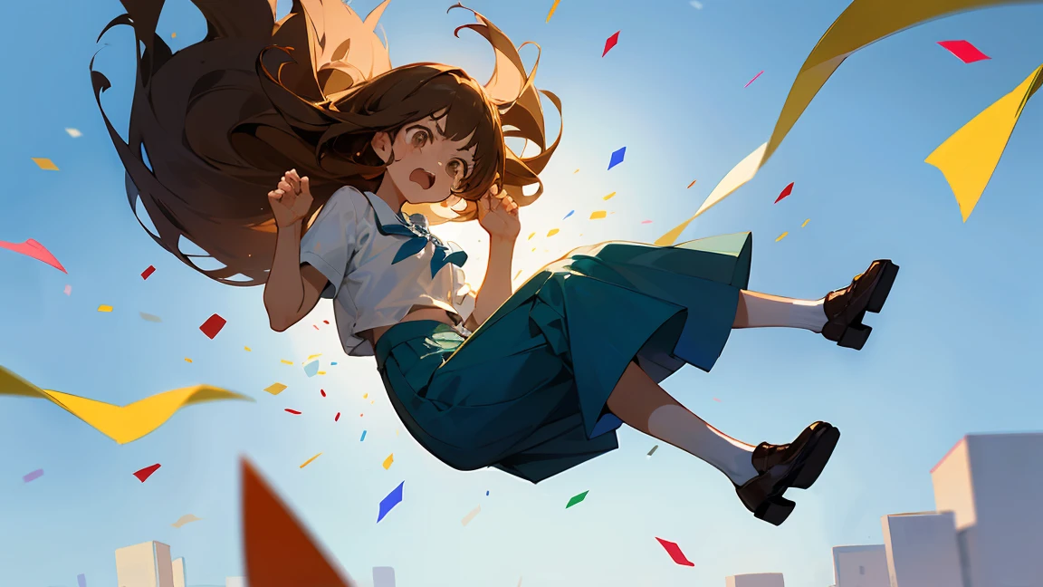 ((Highest quality)), ((masterpiece)), ((Very detailed)),Floatingする女の子,Angry expression,floating,Floating,Confetti,Brown Hair,tears,Levitating,Blue sky background,Feet in the air,tears,gravity,Long skirt,loafers,Raise both hands