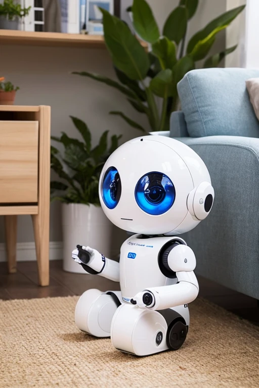 A cute, round-shaped, small household robot. He has big round eyes on his . He has small hands and small feet. He is sitting on the floor of a spacious living room with potted plants and looking at me. He is curious and tilts his head.