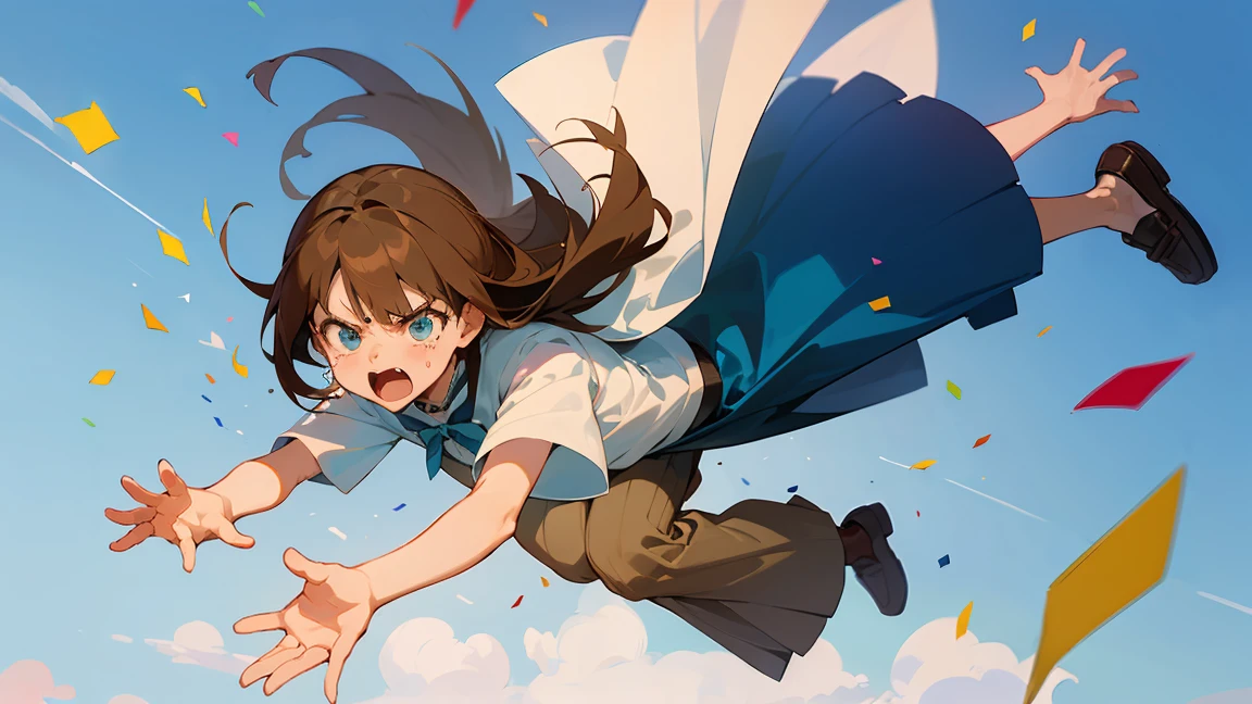 ((Highest quality)), ((masterpiece)), ((Very detailed)),Floatingする女の子,Angry expression，floating，Floating，Confetti，Brown Hair,tears,Levitating,Blue sky background,Feet in the air,tears,gravity,Long skirt,loafers,Raise both hands