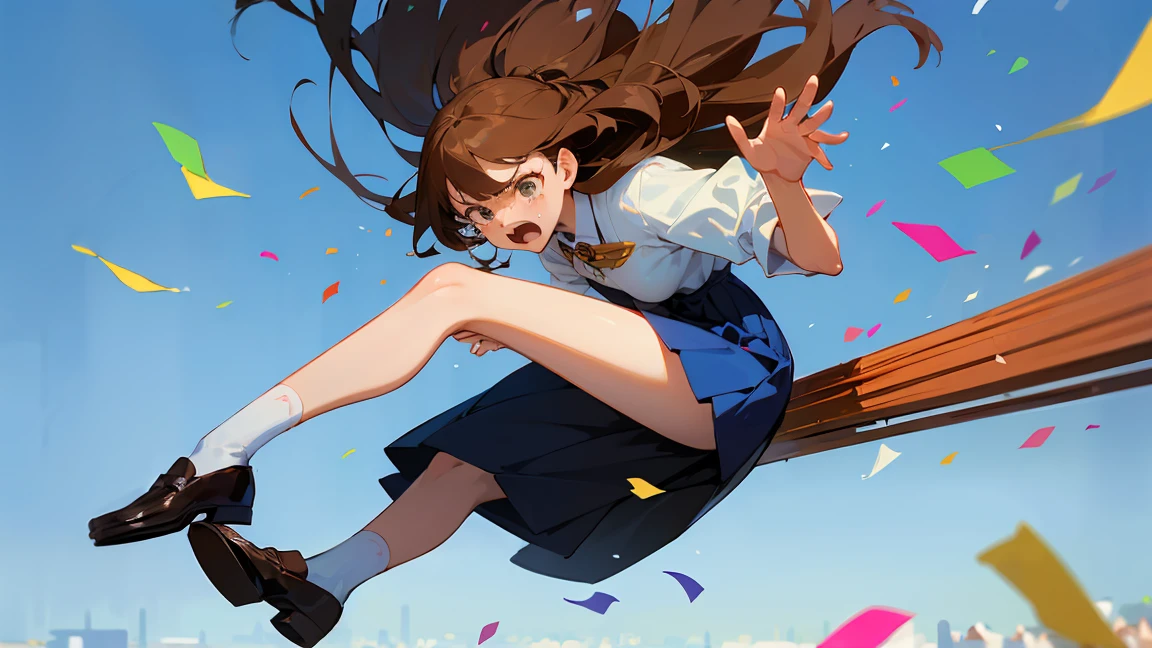 ((Highest quality)), ((masterpiece)), ((Very detailed)),Floatingする***,Angry expression，floating，Floating，Confetti，Brown Hair,tears,Levitating,Blue sky background,Feet in the air,tears,gravity,Long skirt,loafers,Raise both hands