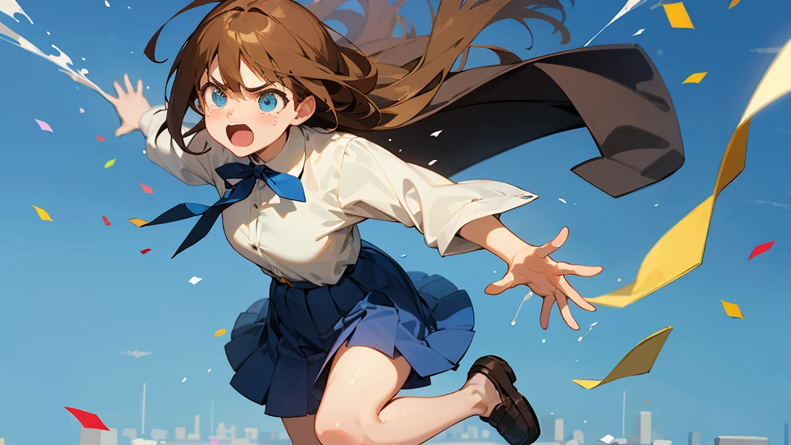 ((Highest quality)), ((masterpiece)), ((Very detailed)),Floatingする***,Angry expression，floating，Floating，Confetti，Brown Hair,tears,Levitating,Blue sky background,Feet in the air,tears,gravity,Long skirt,loafers,Raise both hands